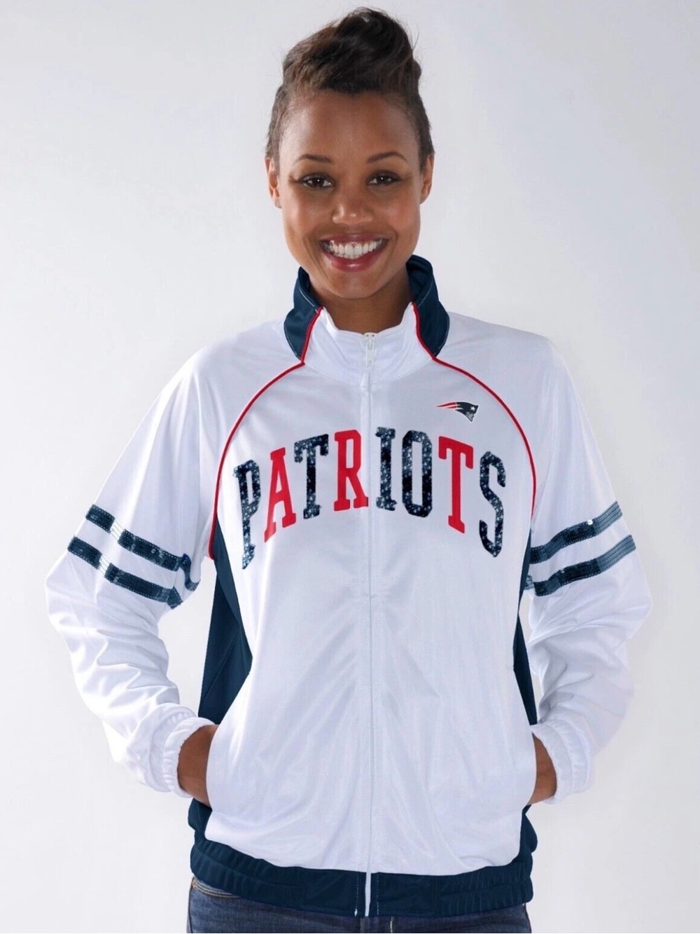 Patriots Women's White Full-Zip Varsity Jacket with sequins